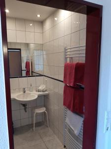 a bathroom with a sink and a mirror at Hotel & Restaurant Eichholz in Kassel