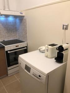 kuchnia z kuchenką i blatem z urządzeniem w obiekcie Cosy apartment in Metaxourgeio w Atenach