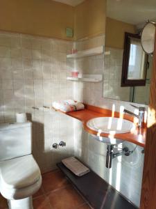 ein Badezimmer mit einem Waschbecken, einem WC und einem Spiegel in der Unterkunft Casa el Sereno in Salas Bajas