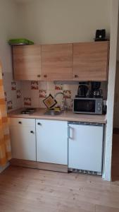 a small kitchen with a microwave and a stove at 1-Zimmer-Apartment-2-Hochparterre in Lübeck
