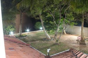 a backyard at night with palm trees and lights at Joy Lagoon Residence in Negombo