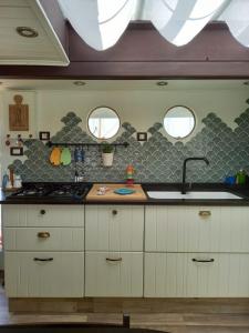 a kitchen with a sink and a counter top at Pillirina House-boat in Marzamemi