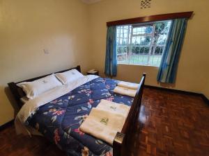 1 dormitorio con 1 cama con cortinas azules y ventana en Thayo Place, en Nyeri