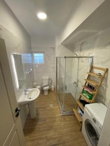 a bathroom with a shower and a sink and a toilet at Martimi Apartments in Kissamos