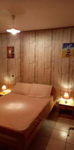 um quarto com uma cama e duas luzes em duas mesas em En plein cœur de l’Île d'Oléron, suite parentale. em Dolus