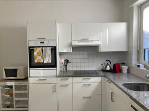 a white kitchen with white cabinets and a sink at Appartamento con giardino al Melograno in Locarno
