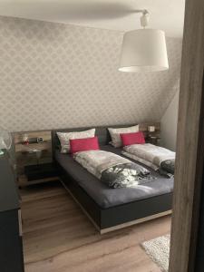 1 Schlafzimmer mit 2 Betten und einem Sofa mit rosa Kissen in der Unterkunft Am Ruhrtalradweg in Arnsberg