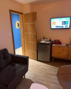 sala de estar con sofá y TV de pantalla plana en OLGA Chambre d'hote, en Verdún