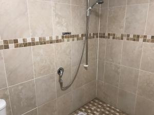 a shower with a hose in a bathroom at New Forest Chalet in Ibsley