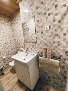 La salle de bains est pourvue d'un lavabo, de toilettes et d'un miroir. dans l'établissement Estudio Estadio Wanda Metropolitano, à Madrid