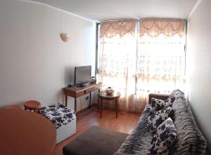 ein Wohnzimmer mit einem Sofa und einem Fenster in der Unterkunft Santiago Centro in Santiago