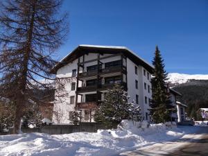 un grand bâtiment blanc dans la neige avec des arbres dans l'établissement Apartment Tgesa La Roiva mit Hallenbad und Sauna, à Lenzerheide