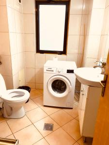 a bathroom with a washing machine and a sink at A.G ROMANA HOSTEL in Bucharest