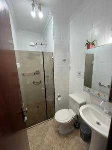 La salle de bains est pourvue d'une douche, de toilettes et d'un lavabo. dans l'établissement Pé na areia gaivotas com Wi-Fi, à Itanhaém