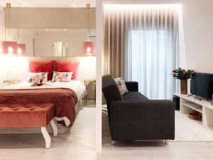 two pictures of a bedroom with a bed and a chair at Casa Suyay Studio in Aveiro