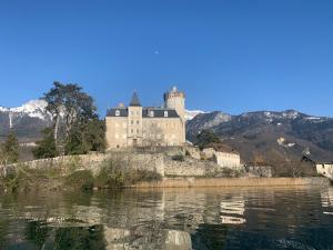 ein Schloss am Ufer eines Wasserkörpers in der Unterkunft Top floor duplex with private beach in Duingt