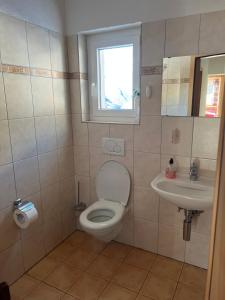 ein Bad mit einem WC, einem Waschbecken und einem Fenster in der Unterkunft Berghotel Furggstalden in Saas-Almagell