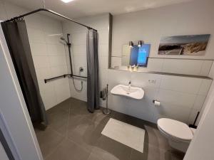 ein Bad mit einer Dusche, einem WC und einem Waschbecken in der Unterkunft Apartment am Kirchplatz in Appenweier