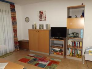 ein Wohnzimmer mit einem TV und einem Bücherregal in der Unterkunft Ferienhaus Nr 137, Typ C, Feriendorf Hochbergle, Allgäu in Karlsebene