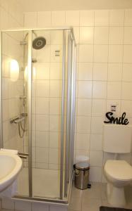 a bathroom with a shower with a toilet and a sink at Ferienhaus Nr 28, Kategorie Königscard, Feriendorf Hochbergle, Allgäu in Bichel