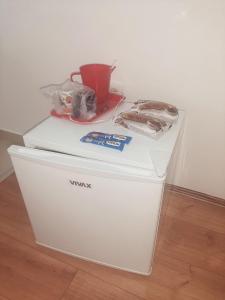 um frigorífico branco com um balde em cima em Rooms Maša em Palić
