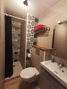 La salle de bains est pourvue de toilettes, d'un lavabo et d'une douche. dans l'établissement Porte de Mafate - Grand Ilet, à Salazie
