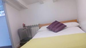 a bedroom with a bed with a purple pillow on it at Pensión Iturriza in Donostia-San Sebastián