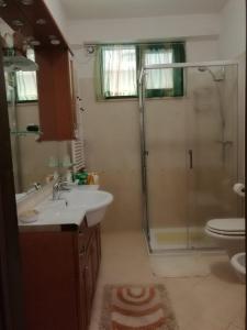 La salle de bains est pourvue d'une douche, d'un lavabo et de toilettes. dans l'établissement Le Magnolie B&B, à Roseto degli Abruzzi