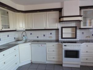 uma cozinha com armários brancos, um lavatório e um fogão em Apartment Elena em Gedersdorf