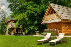 a log cabin with two chairs and a house at Glamping Savinja in Ljubno