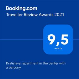 Certifikát, hodnocení, plakát nebo jiný dokument vystavený v ubytování Bratislava -apartment near the City center with a balcony