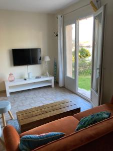 a living room with a couch and a tv at Appartement PALAZZI 2 in LʼÎle-Rousse