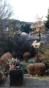 a garden with a planter and a bird house at Perlenbachtal in Monschau