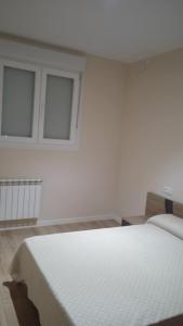 biały pokój z łóżkiem i 2 oknami w obiekcie Apartamento Barbadillo - Redmansur w mieście Cáceres