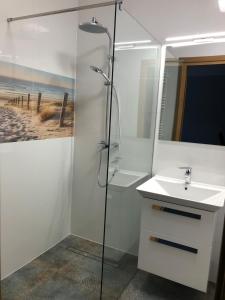 La salle de bains est pourvue d'une douche, d'un lavabo et d'un miroir. dans l'établissement Plac Unii Apartments, à Gdynia