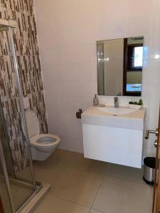 Un baño con inodoro, lavabo y espejo. en Spanish Water View Apartment C1, en Willemstad