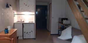 a small kitchen with a sink and a table in a room at Montagne Ariégeoise in Aulus-les-Bains +1 photo