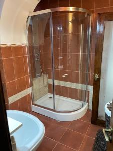 um chuveiro com uma porta de vidro na casa de banho em Ultracentral Lozonschi 2 rooms apartment em Iaşi