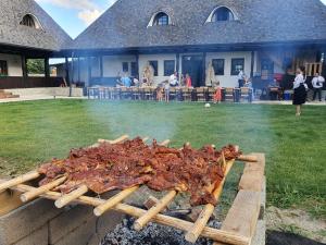 a pile of meat on a grill in front of a building at Ograda Bunicilor in Baia de Fier