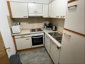 una pequeña cocina con armarios blancos y fregadero en Relaxen am Ring Fewo 2, en Wimbach