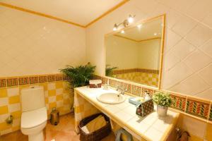 a bathroom with a sink and a toilet and a mirror at Quinta das Achadas - Mimosa in Lagos +11 photos