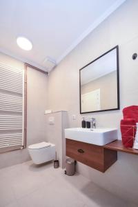 een badkamer met een wastafel, een toilet en een spiegel bij Hostel Havana in Banja Luka
