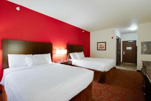 a hotel room with two beds and a red wall at Inn at Hunters Run in Watford City +9 photos