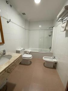 a bathroom with a sink and a toilet and a shower at Albergue O Cruceiro in Caldas de Reis