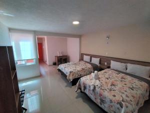 a hotel room with two beds and a window at HOTEL SAN JOSE in San Martín Texmelucan de Labastida