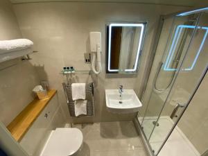 een badkamer met een douche, een toilet en een wastafel bij Hillside Farm Barn in Woking