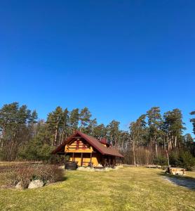 a log cabin in the middle of a field at Begedziu misko sodyba in Grynaičiai