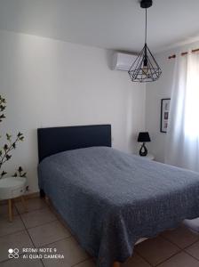 Villa dans les hauteurs de Collioure في كولِيور: غرفة نوم عليها سرير وبطانية زرقاء +9 صور