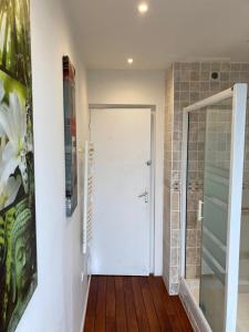 a hallway with a white door and a walk in shower at Appartement spacieux hyper centre Secteur Liberté in Brest +15 photos