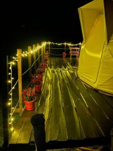 a wooden deck with lights and potted plants on it at Glamping el Porvenir RNT 10601 in Manta